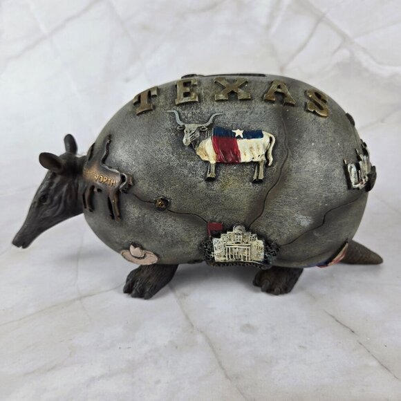 Resin 3D Armadillo Piggy Bank Texas Themed Longhorn Oil Derrick Rose Map Skyline - Picture 1 of 14